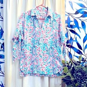 Women’s Foxcroft NYC Paisley Bow Cuff Non-Iron Tunic Top Size 8